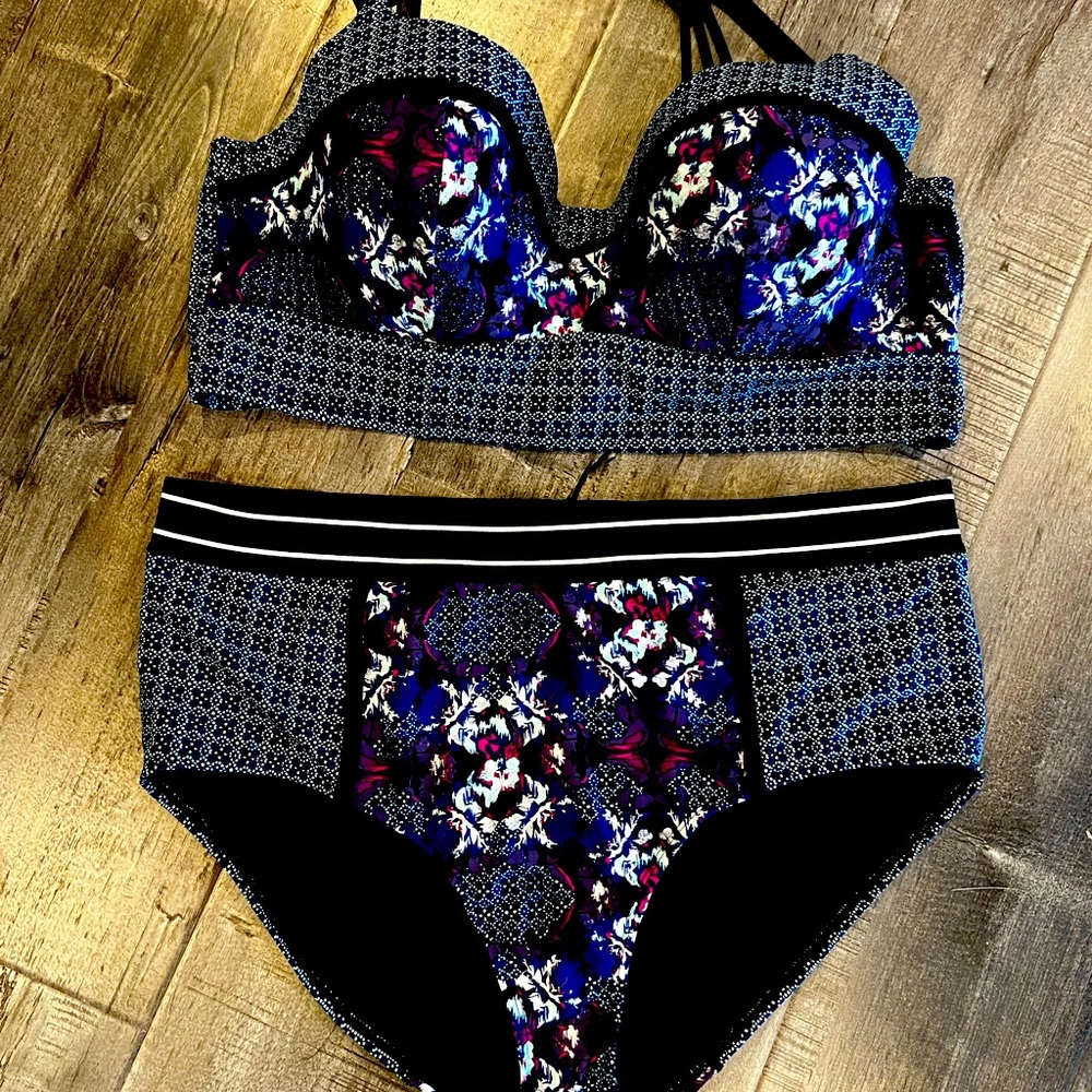 Lane Bryant Two Piece Blue + Purple Print Swimsuit